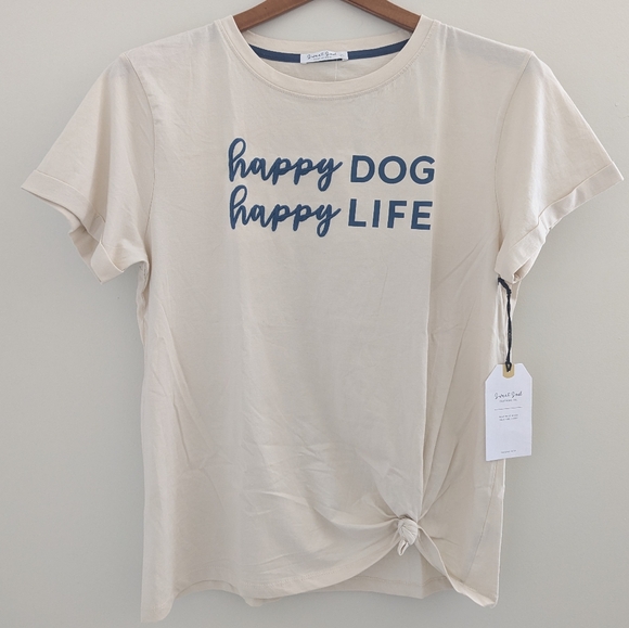 NWT Embroidered Cuffed Sleeves T Shirt WOMENS M/ L Happy Dog Happy Life Beige - Picture 2 of 13